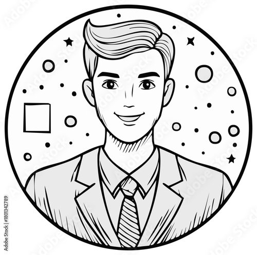 Smiling Businessman in a Suit Cartoon Graphic in a Circle with Stars
