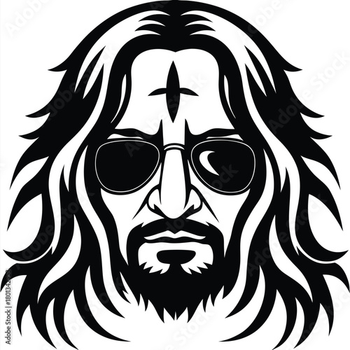 An imposing man's face displays confidence, donning sunglasses and a distinct crossshaped mark