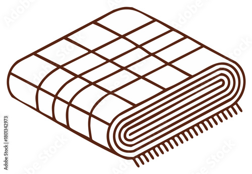 Isometric line art illustration of a folded checkered plaid blanket with fringe