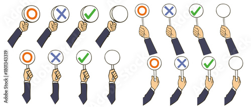 マル、バツ、チェックなどの札を上げる手のイラストレーションセット。右手、左手あり。白背景にベクターイラスト。