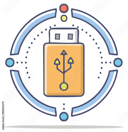 Digital connection symbol on USB flash drive icon with data transfer abstract elements