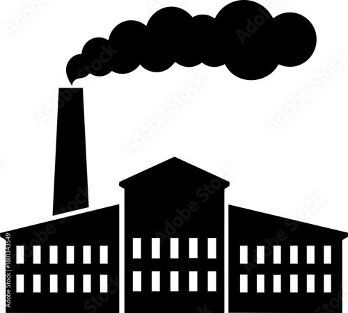 Factory Building with Chimney Smoke Icon Isolated on White Background – Industrial Vector Symbol, Manufacturing, Pollution, and Energy Concept