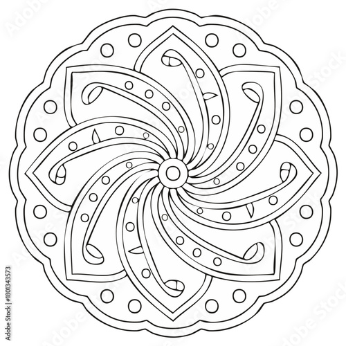 Intricate black and white floral mandala pattern line art with swirling petals and geometric circles for coloring