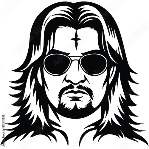 A black and white depiction shows a man wearing glasses with long hair