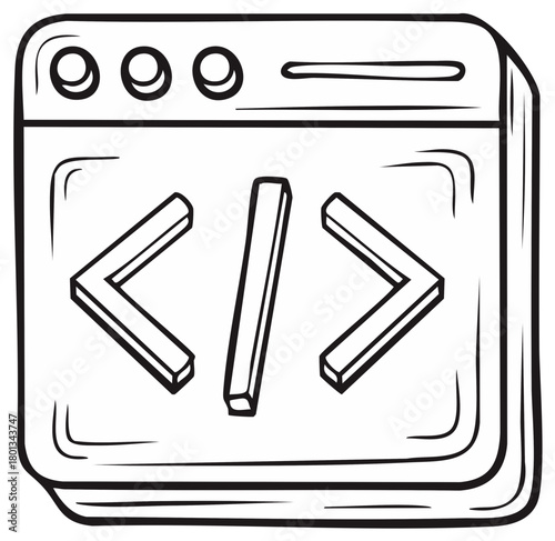 Programming web browser icon. Digital code symbols and brackets inside a window with buttons.