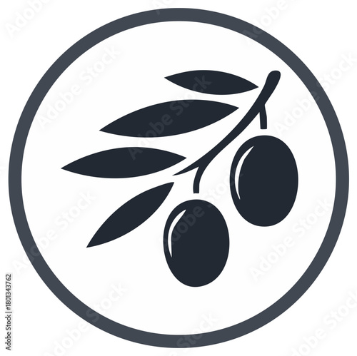 Olive branch with olives and leaves, enclosed within a simple circular frame, clean vector design.
