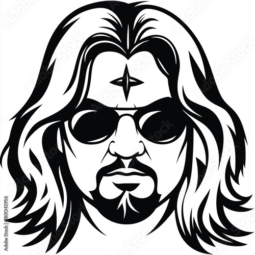 Bearded man with long hair and sunglasses has a cross on forehead