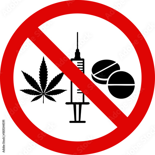 No Drugs Allowed Warning Sign Isolated on White Background – Vector Prohibition Symbol with Syringe, Pills, and Cannabis Leaf, Health Safety Ban