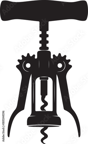 Black Silhouette of a Winged Corkscrew Wine Bottle Opener on White Background wine opener tool on transparent background