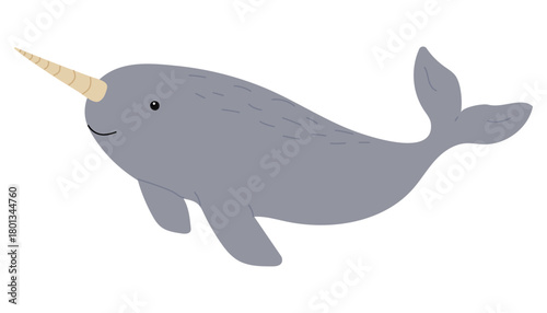 Narwhal swimming in the ocean with a friendly expression during a sunny day
