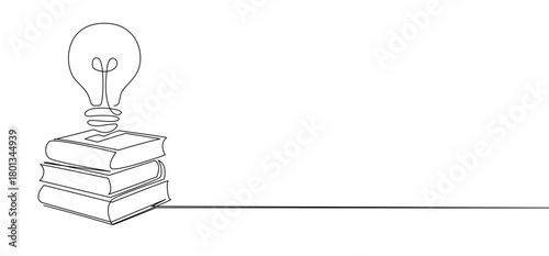 Stack of books topped with lightbulb drawn in single continuous line. Clean and modern design on a white background