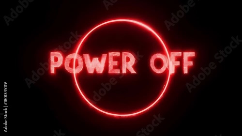 A glowing red neon sign reading power off sits against a dark background as its circular outline pulses subtly over time creating a gentle light fluctuation in an indoor nighttime setting.