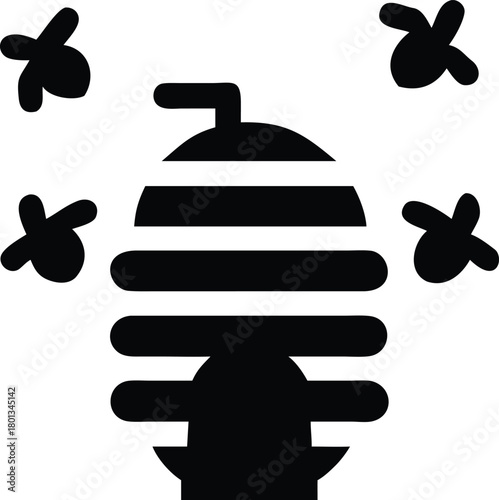 Black beehive surrounded by flying bees creates a symbolic isolated depiction on white