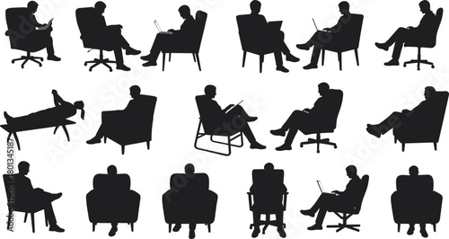 Silhouette, people, sitting, chairs, posture, laptop, reading, office, armchair, recliner, ergonomic, design, furniture, lounge, workplace, relaxation, modern, lifestyle
