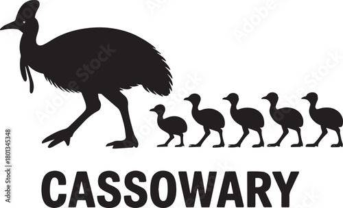 Australian cassowary family with adult bird and five chicks walking in single file black vector illustration