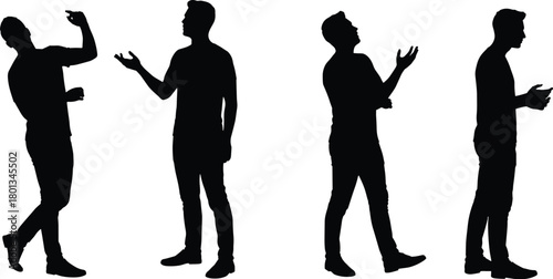 Silhouette, person, standing, gesture, expressive, pose, communication, body, language, dynamic, movement, casual, t-shirt, pants, conversation, nonverbal, illustration, character, design