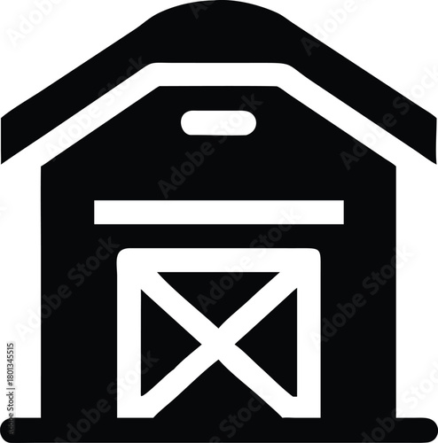 Simple barn structure appears solid with crossed white doors on its facade