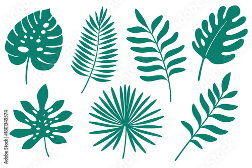 An arrangement of green tropical leaf silhouettes creates a vibrant botanical pattern on a white background