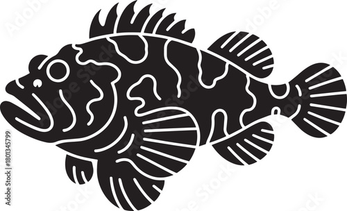 Black and white vector graphic of a detailed predatory rockfish or scorpionfish creature