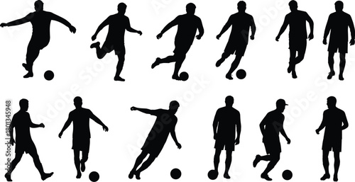 Silhouette, soccer, player, action, kick, dribble, run, sport, ball, motion, pose, athletic, black, icon, dynamic, football, teamwork, isolated