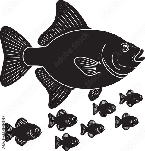 Black silhouette of freshwater fish with small school of fry on transparent background