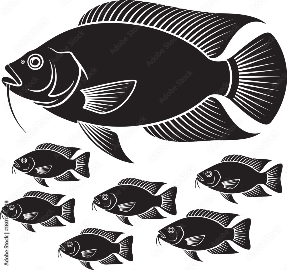 Naklejka premium Black silhouette of tilapia fish with small group of fry on transparent background