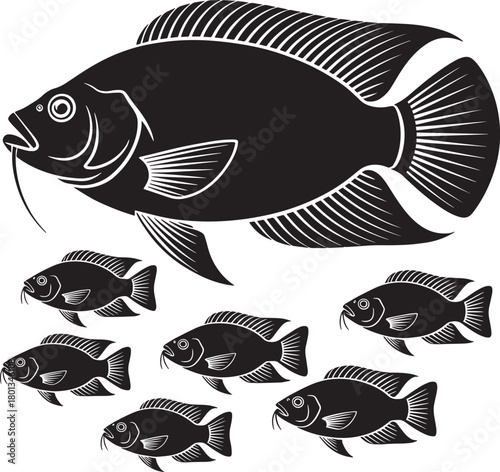 Black silhouette of tilapia fish with small group of fry on transparent background