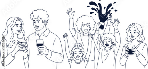 Group of people enjoying drinks together in a stylized line drawing