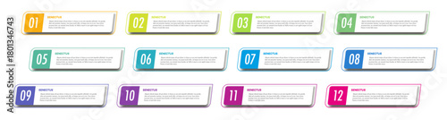 Bullet points numbers from 1 to 12 list markers. Labeled steps rectangular box for workflow, process presentations, business or education