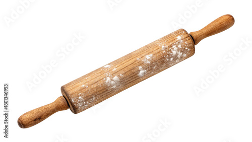 Vintage wooden rolling pin dusted with flour, isolated on transparent background