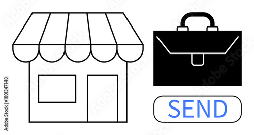 Shopfront, briefcase symbolizing commerce, and Send button for online operations. Ideal for small business, e-commerce, technology, retail, delivery business growth communication. Simple flat