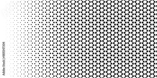 Fading triangle halftone gradient texture. Abstract geometric background. Tech triangular halfton gradation pattern. Vanishing mosaic arrow wallpaper for poster, banner, booklet. Vector backdrop