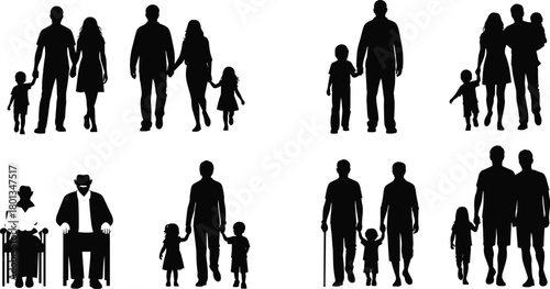 Silhouettes of diverse family groups, generational bonding, parenting, elderly care, childhood moments, unity, love, support, relationships
