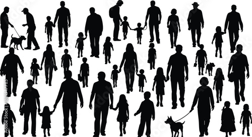 Silhouettes of diverse people, walking, interacting, holding hands, walking dogs, family moments, urban lifestyle, community, outdoor activity, togetherness