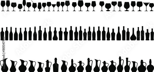 Silhouettes of drinkware, bottles, pitchers, goblets, wine glasses, decanters, barware, liquor containers, beverage shapes, black icons, minimal design, vector style, elegant outlines