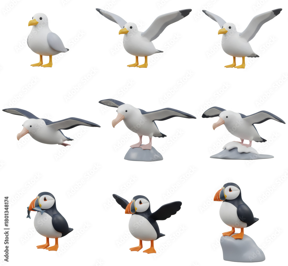 Fototapeta premium Seagulls and Puffins in Different Poses