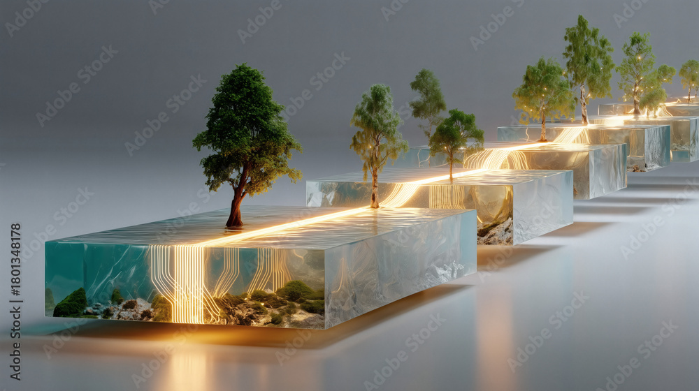 Fototapeta premium Glowing Trees on Transparent Blocks