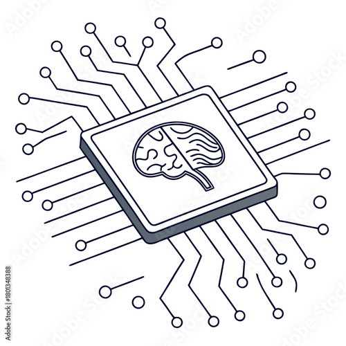 Artificial intelligence chip icon with brain symbol, circuit board, technology, machine learning, neural network, isolated on