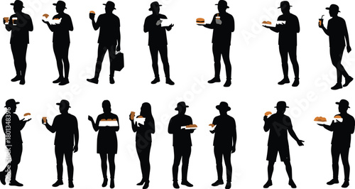 Silhouettes of diverse people holding food, burgers, drinks, trays, casual and formal attire, eating lifestyle, restaurant concept