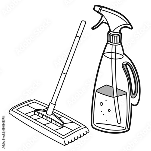 Illustration of a flat mop and a spray bottle with cleaning liquid, isolated on cleaning equipment for washing floors and surfaces in the house
