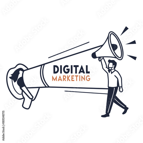 Digital marketing concept with a person holding a megaphone isolated on advertising, promotion, and communication strategy illustration