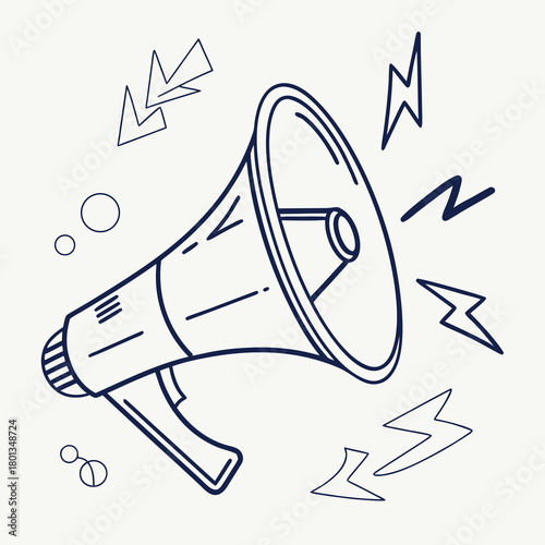 Hand drawn megaphone with lightning bolts isolated on, symbolizing announcements, promotions, and communication in a minimalist and modern style