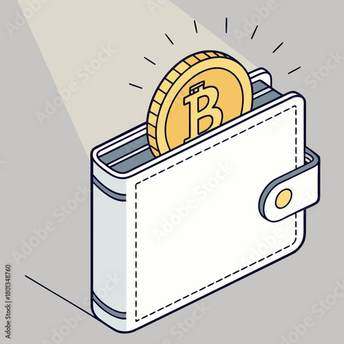 Bitcoin coin in wallet, representing cryptocurrency, digital finance, and blockchain technology in a modern and minimalist isometric illustration style