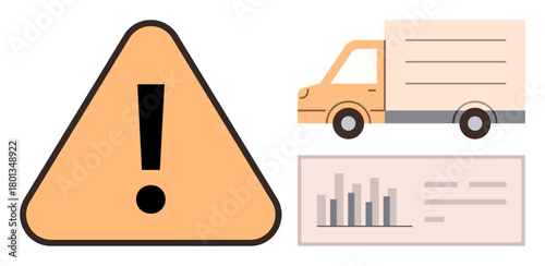 Warning icon next to delivery truck and bar chart signifying supply chain issues, monitoring, risk management, and business logistics. Ideal for shipping, analytics, transport safety, business
