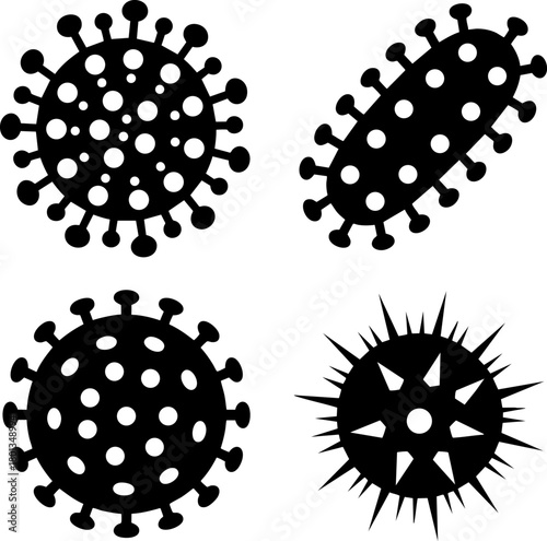 Virus and Bacteria Cells Icon Set Isolated on White Background – Microbiology Vector, Pathogen Symbol, Disease Awareness, Germ and Infection Concept