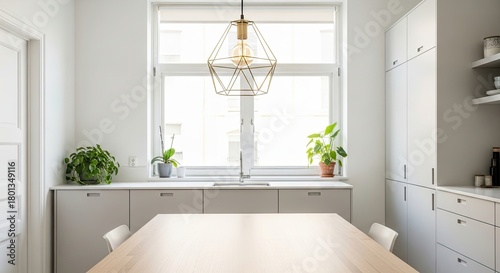 Modern Kitchen Interior with Dining Table and Large Window.