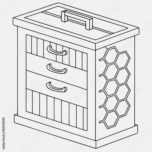 Isometric outline illustration of a beehive with drawers, showcasing a modern design with honeycomb pattern, isolated on for clarity and focus