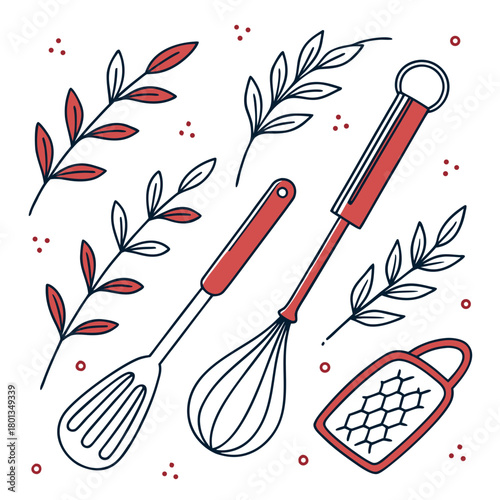 A charming illustration of kitchen utensils and leafy branches isolated on, evoking a sense of home cooking and natural elements