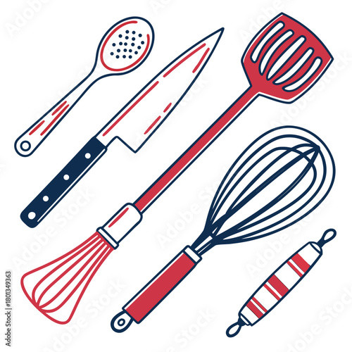 Illustration of kitchen utensils isolated on a spoon, a knife, a spatula, a whisk, and a rolling pin in red and blue colors, hand drawn style