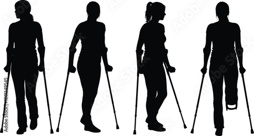 Silhouettes, forearm crutches, rehabilitation, mobility aid, walking support, injury recovery, disabled movement, physical therapy, posture, brace, cast, silhouette walking, crutch user